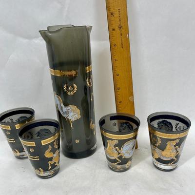 5 piece MCM frosted painted glass decanter & glass set blue gray with white painted horses with gold accents