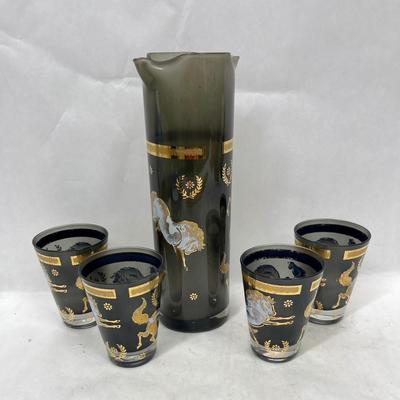 5 piece MCM frosted painted glass decanter & glass set blue gray with white painted horses with gold accents