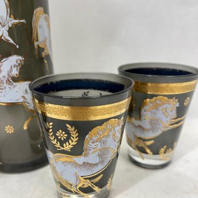 5 piece MCM frosted painted glass decanter & glass set blue gray with white painted horses with gold accents
