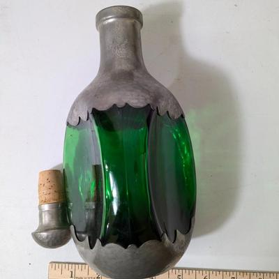 Vintage Hammered Pewter Green Glass Decanter Bottle & Stopper Daalderop Holland