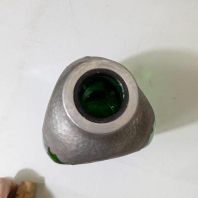 Vintage Hammered Pewter Green Glass Decanter Bottle & Stopper Daalderop Holland