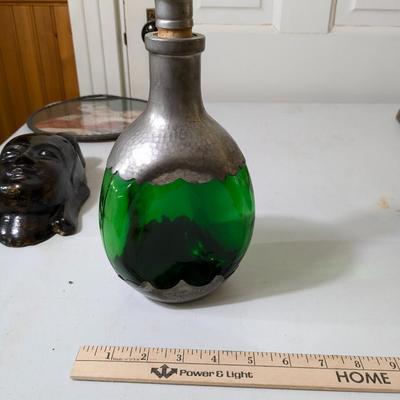Vintage Hammered Pewter Green Glass Decanter Bottle & Stopper Daalderop Holland