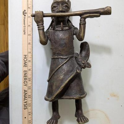 AFRICAN BRONZE, Rare Late 1800's Benin (Nigeria) City Bronze Court Musician of the Hornblower.