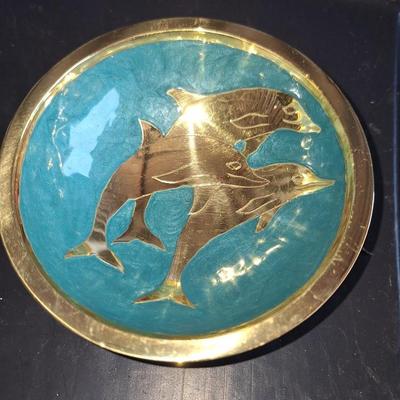 Teal/Gold Dolphin Pedestal Bowl