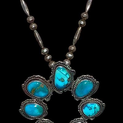 Native American Pawn Silver and Turquoise Squash Blossom Necklace