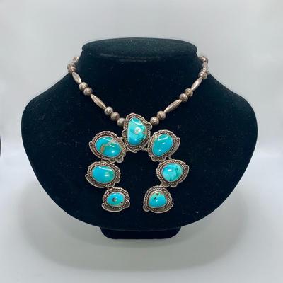 Native American Pawn Silver and Turquoise Squash Blossom Necklace