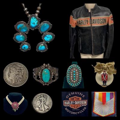 Native American Pawn Silver and Turquoise Squash Blossom Necklace