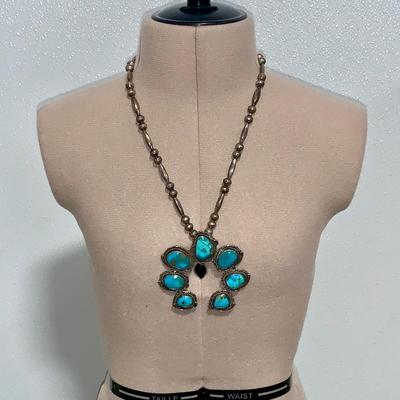 Native American Pawn Silver and Turquoise Squash Blossom Necklace