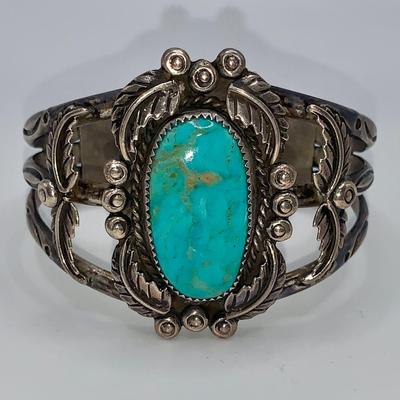 Native American Pawn Silver and Turquoise Cuff Bracelet