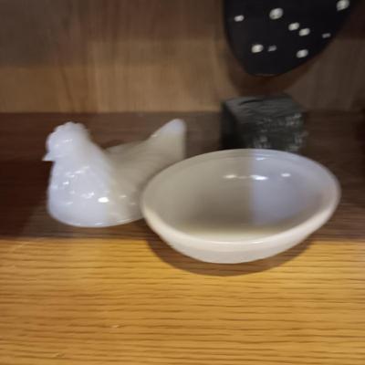 MILK GLASS HEN ON NEST, 2 WOODEN ROOSTERS AND SALT/PEPPER SHAKERS