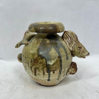 Vintage French Mid Century Relief Clay Studio Pottery Fish Sea Theme Vase