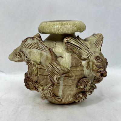 Vintage French Mid Century Relief Clay Studio Pottery Fish Sea Theme Vase