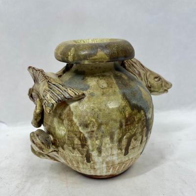 Vintage French Mid Century Relief Clay Studio Pottery Fish Sea Theme Vase