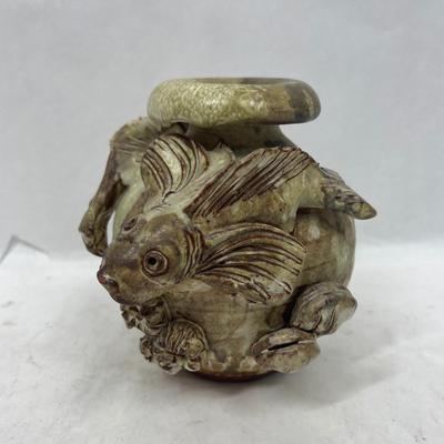 Vintage French Mid Century Relief Clay Studio Pottery Fish Sea Theme Vase