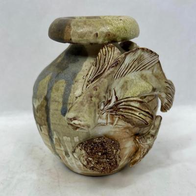 Vintage French Mid Century Relief Clay Studio Pottery Fish Sea Theme Vase