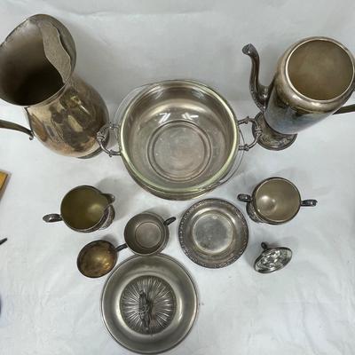 Mixed Lot of Silverplate Serving Pieces - casserole, pitcher, Coffee Pot, Cream & Sugar, small plate