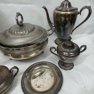 Mixed Lot of Silverplate Serving Pieces - casserole, pitcher, Coffee Pot, Cream & Sugar, small plate