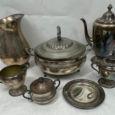 Mixed Lot of Silverplate Serving Pieces - casserole, pitcher, Coffee Pot, Cream & Sugar, small plate
