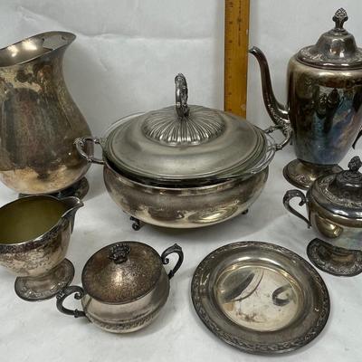 Mixed Lot of Silverplate Serving Pieces - casserole, pitcher, Coffee Pot, Cream & Sugar, small plate