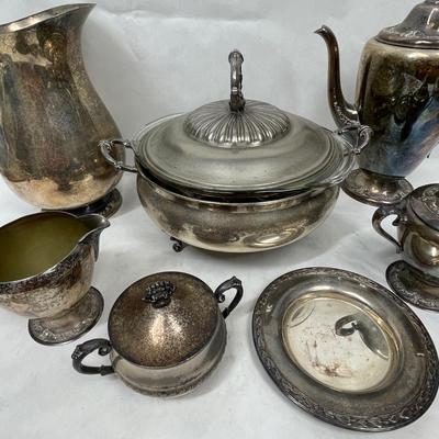 Mixed Lot of Silverplate Serving Pieces - casserole, pitcher, Coffee Pot, Cream & Sugar, small plate