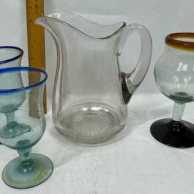 Misc. Lot of thick recycled glass from Mexico 3 unique goblets and 2 pitcher