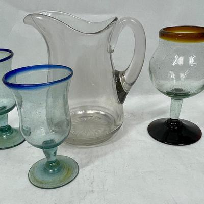 Misc. Lot of thick recycled glass from Mexico 3 unique goblets and 2 pitcher