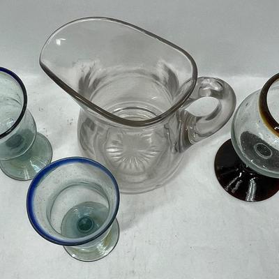 Misc. Lot of thick recycled glass from Mexico 3 unique goblets and 2 pitcher