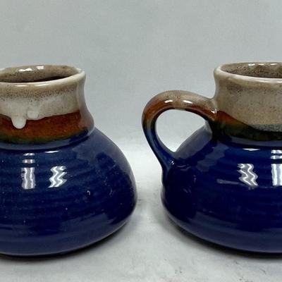 Vintage Navy Blue and Brown Glazed No Tip Mugs