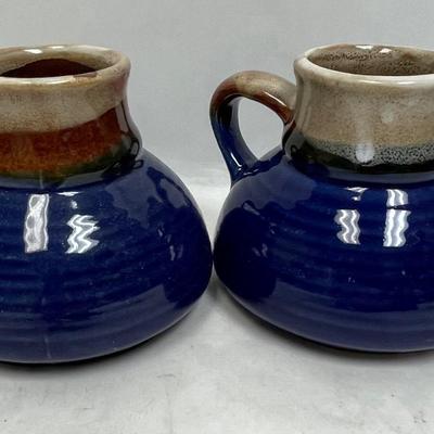 Vintage Navy Blue and Brown Glazed No Tip Mugs