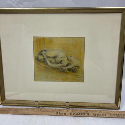 Framed Vintage Artwork, Sketch of Nude Woman Lying on her side, yellow background
