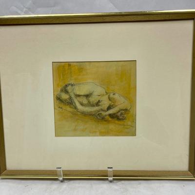 Framed Vintage Artwork, Sketch of Nude Woman Lying on her side, yellow background
