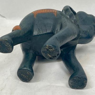 Vintage Handmade Wooden Dark Green Elephant With Raised Trunk