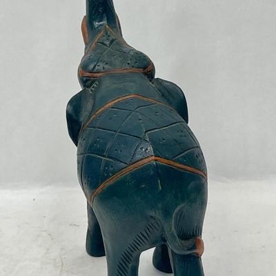 Vintage Handmade Wooden Dark Green Elephant With Raised Trunk