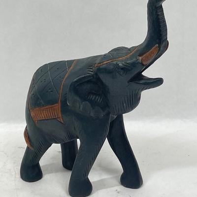 Vintage Handmade Wooden Dark Green Elephant With Raised Trunk