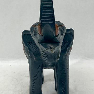 Vintage Handmade Wooden Dark Green Elephant With Raised Trunk