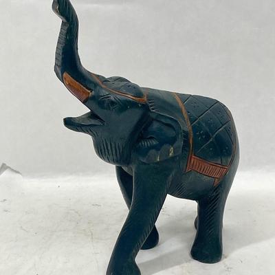 Vintage Handmade Wooden Dark Green Elephant With Raised Trunk
