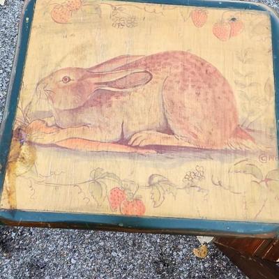 Wooden Stool with rabbit painted on seat, wooden truck on wheels