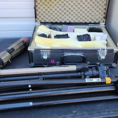 Camera case, lens, tripods and Tasco 3701 spotting scope