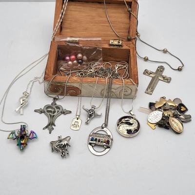 Copper & Wood Box With Various Pendant-Style Necklaces