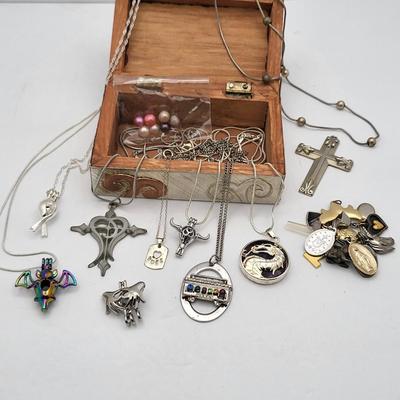 Copper & Wood Box With Various Pendant-Style Necklaces