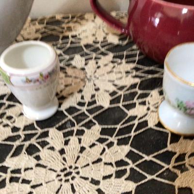 Hanley England Gravy Boat, Maroon Creamer, Two Egg Cups