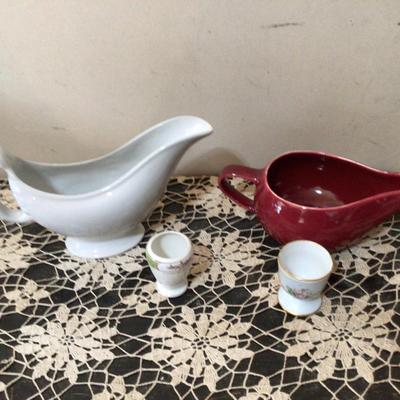 Hanley England Gravy Boat, Maroon Creamer, Two Egg Cups