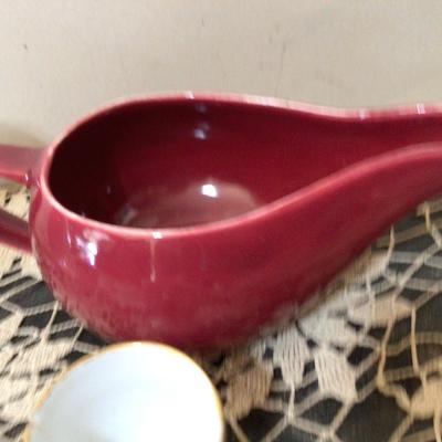 Hanley England Gravy Boat, Maroon Creamer, Two Egg Cups