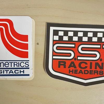 Vintage automotive Equipment Stickers: SST Racing Headers and Nu-Metrics Digitach