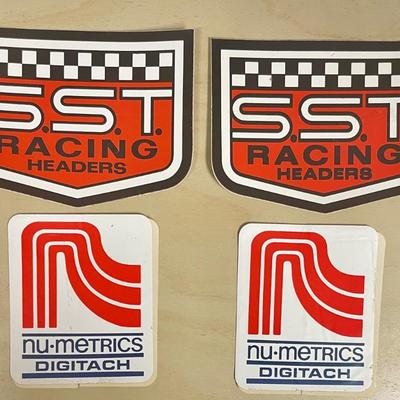 Vintage automotive Equipment Stickers: SST Racing Headers and Nu-Metrics Digitach