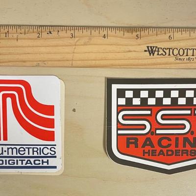 Vintage automotive Equipment Stickers: SST Racing Headers and Nu-Metrics Digitach