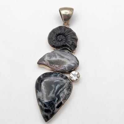 Huge Gemstone Pendant Ammonite Fossil Druzy Quartz 925