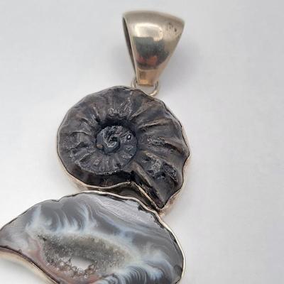 Huge Gemstone Pendant Ammonite Fossil Druzy Quartz 925