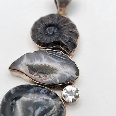 Huge Gemstone Pendant Ammonite Fossil Druzy Quartz 925