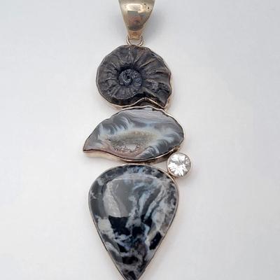 Huge Gemstone Pendant Ammonite Fossil Druzy Quartz 925